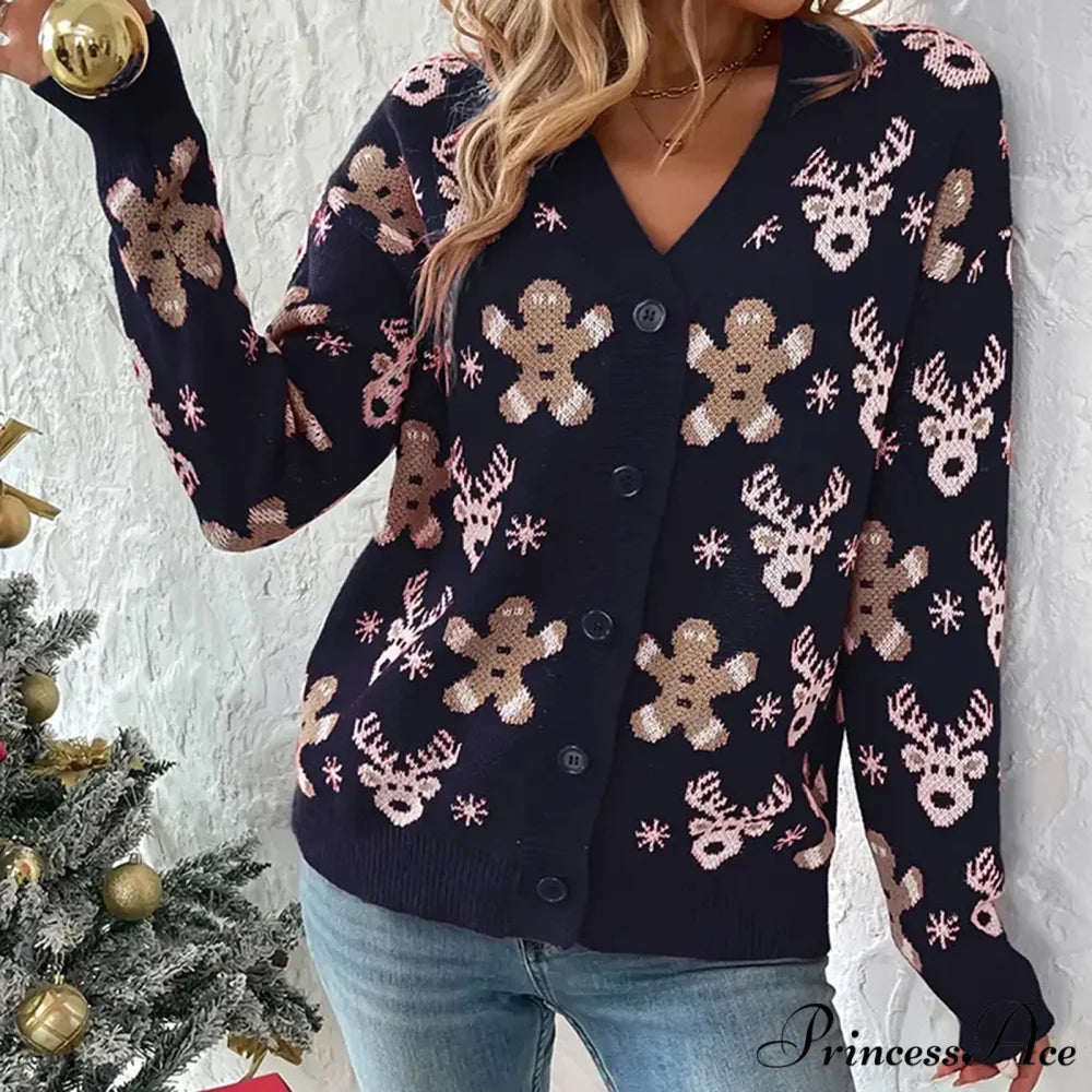 Christmas V-neck Elk Print Cardigan Blue / S
