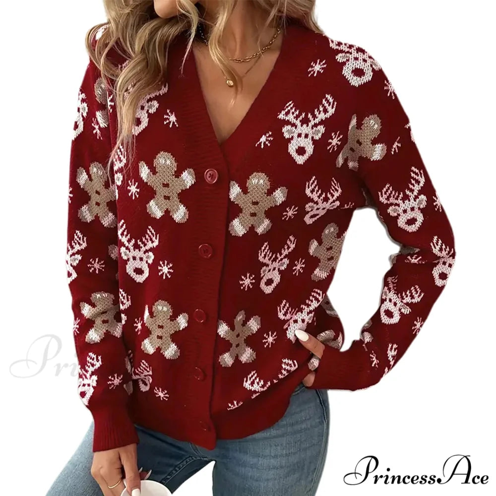 Christmas V-neck Elk Print Cardigan Burgundy / S
