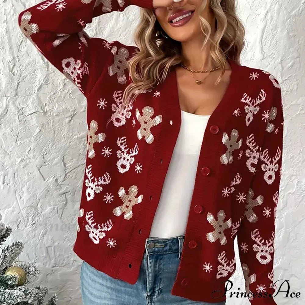 Christmas V-neck Elk Print Cardigan Burgundy / S
