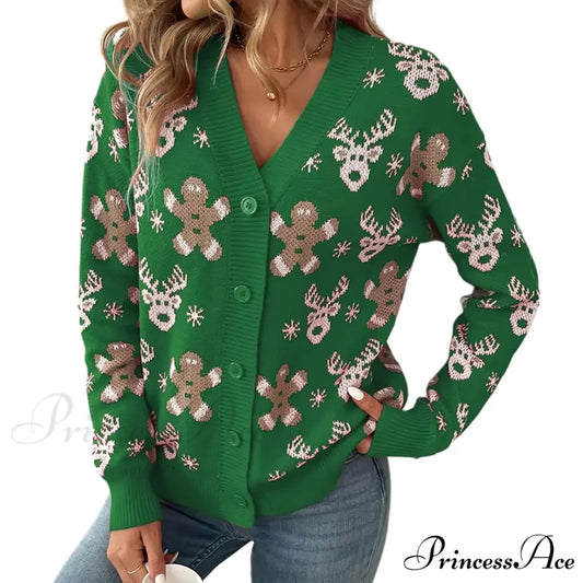 Christmas V-neck Elk Print Cardigan Green / S