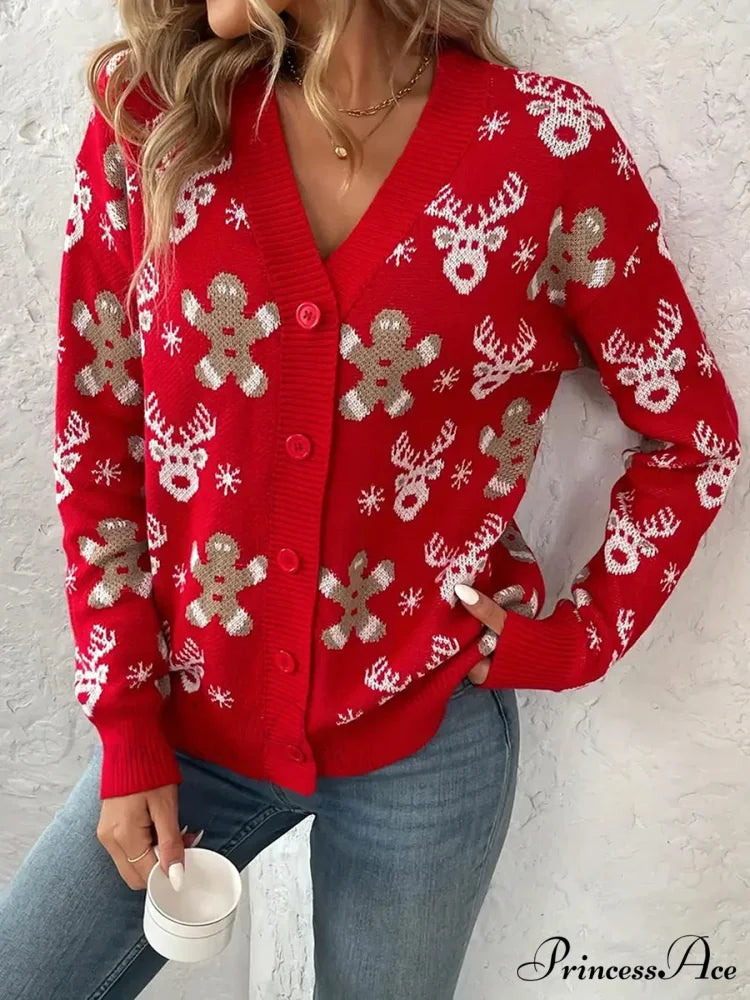 Christmas V-neck Elk Print Cardigan Red / S
