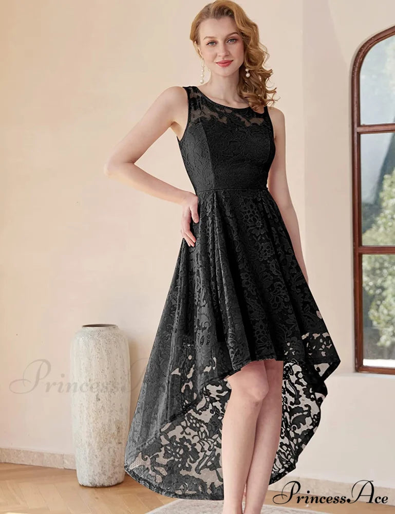 Christmas Vintage Floral Lace Sleeveless Formal Swing Dress Black / X-Small