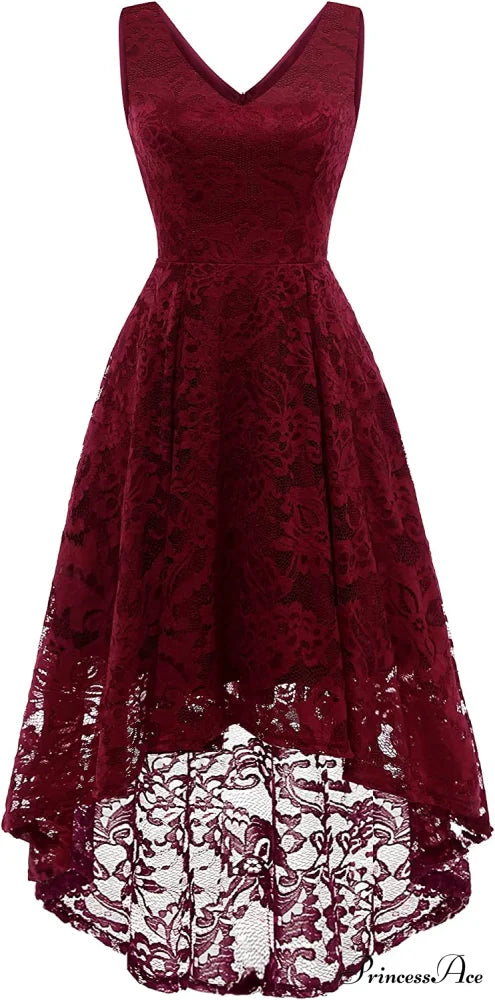 Christmas Vintage Floral Lace Sleeveless Formal Swing Dress V Neck-darkred / X-Small