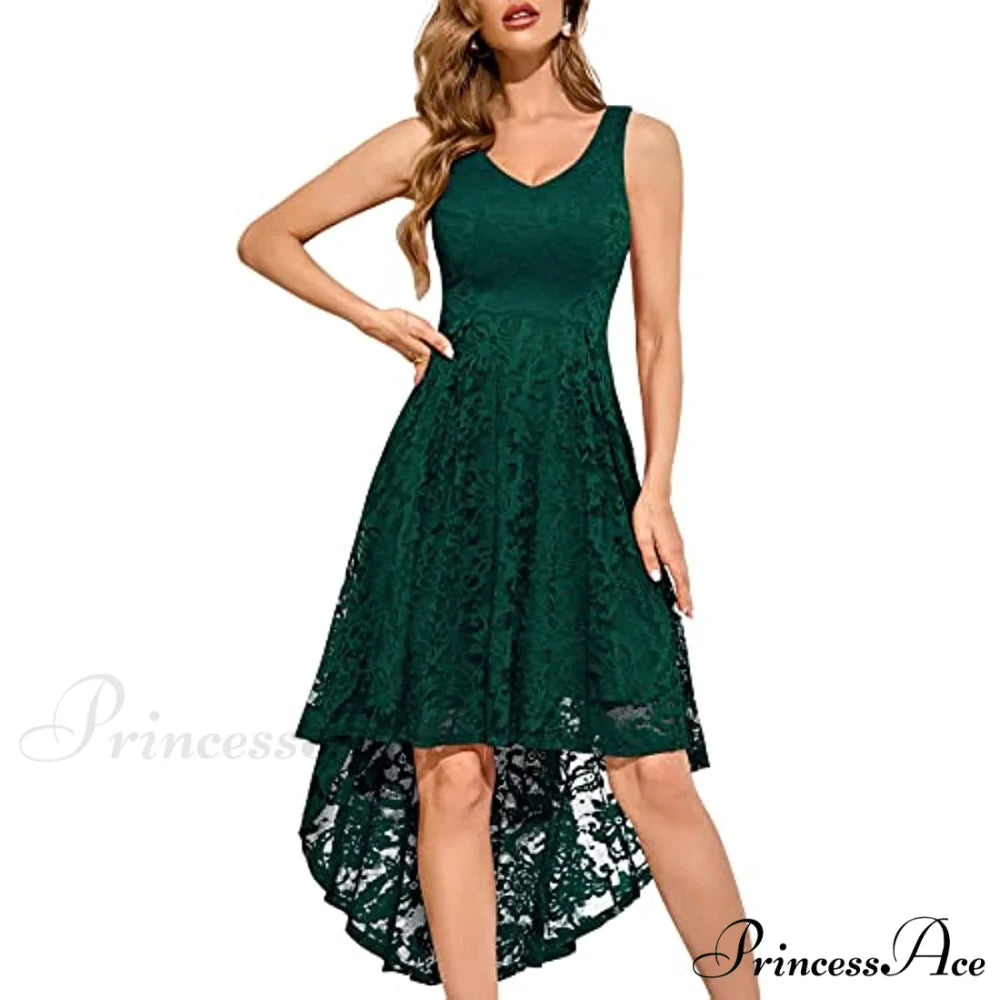 Christmas Vintage Floral Lace Sleeveless Formal Swing Dress V Neck-green / X-Small