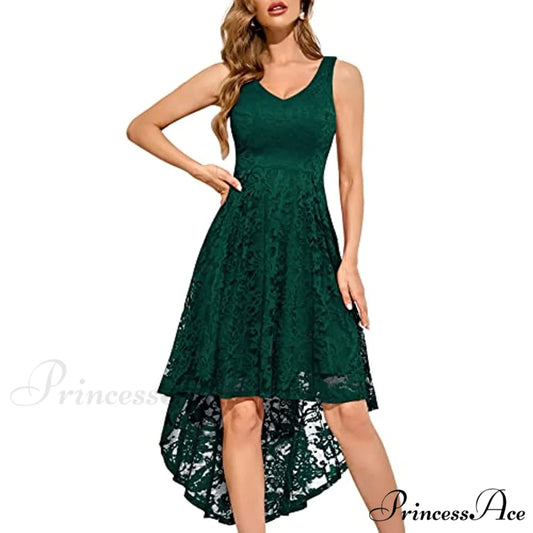 Christmas Vintage Floral Lace Sleeveless Formal Swing Dress V Neck-green / X-Small