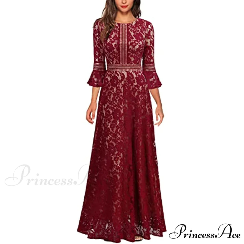 Christmas Vintage Full Lace Contrast Bell Sleeve Formal Long Dress