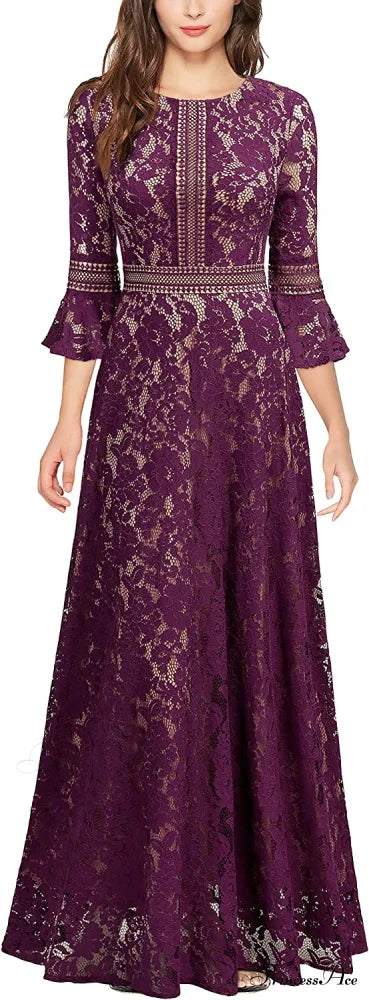 Christmas Vintage Full Lace Contrast Bell Sleeve Formal Long Dress A-magenta / XX-Large