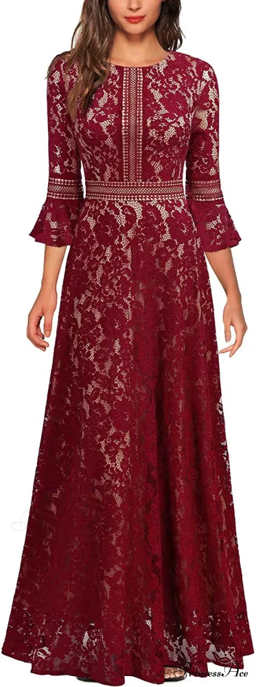 Christmas Vintage Full Lace Contrast Bell Sleeve Formal Long Dress B-red / XX-Large