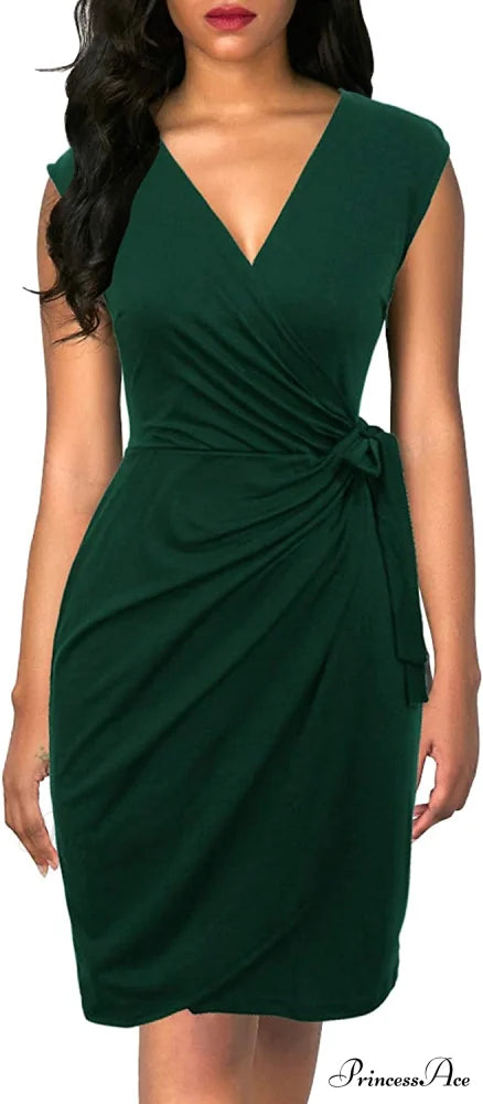 Christmas Vintage V-Neck Sheath Faux Black Wrap Dress Dark Green / Large