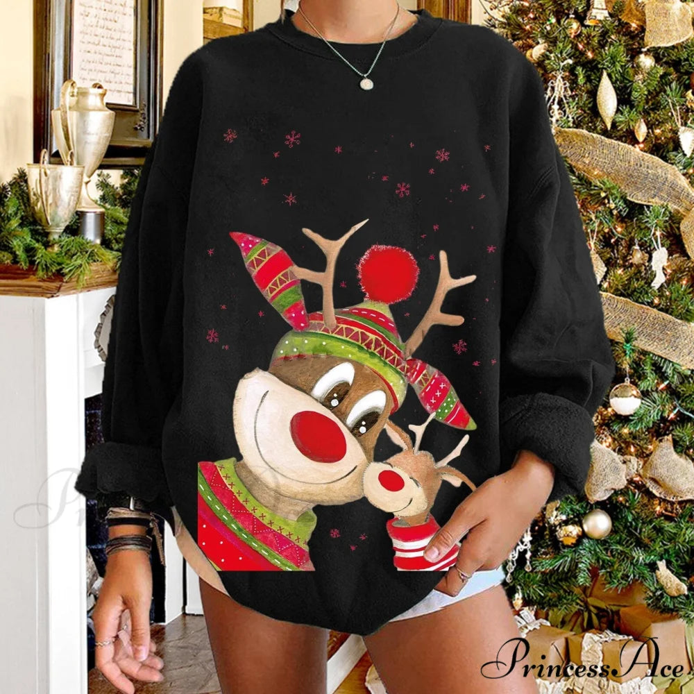 Christmas Women Elk Print Sweaters black / S