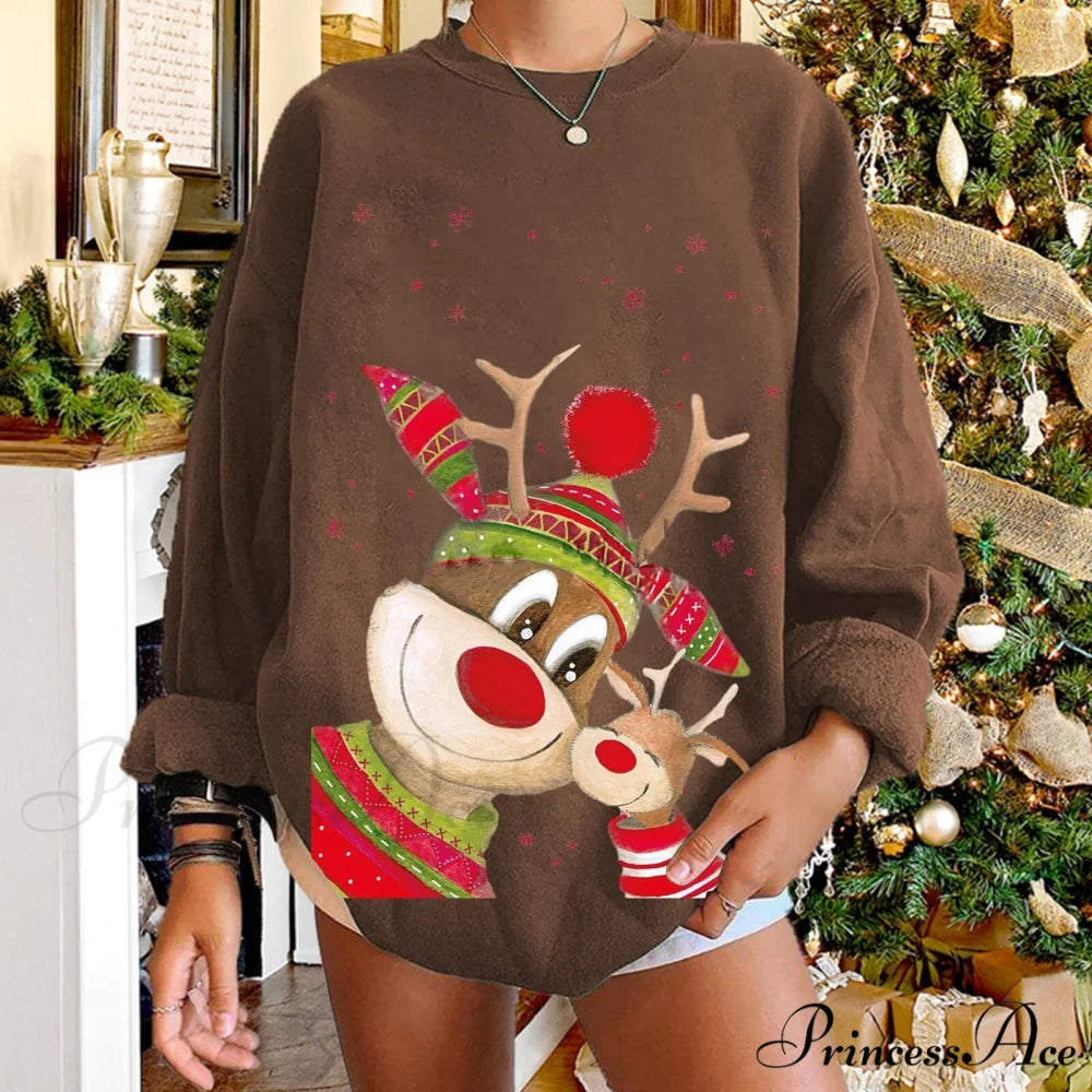 Christmas Women Elk Print Sweaters Dark Brown / S
