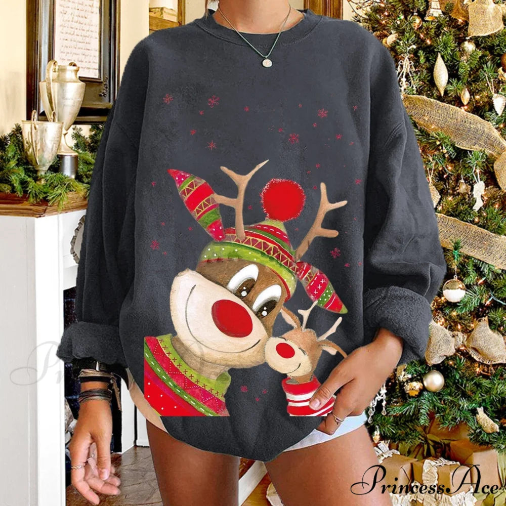 Christmas Women Elk Print Sweaters Dark Grey / S