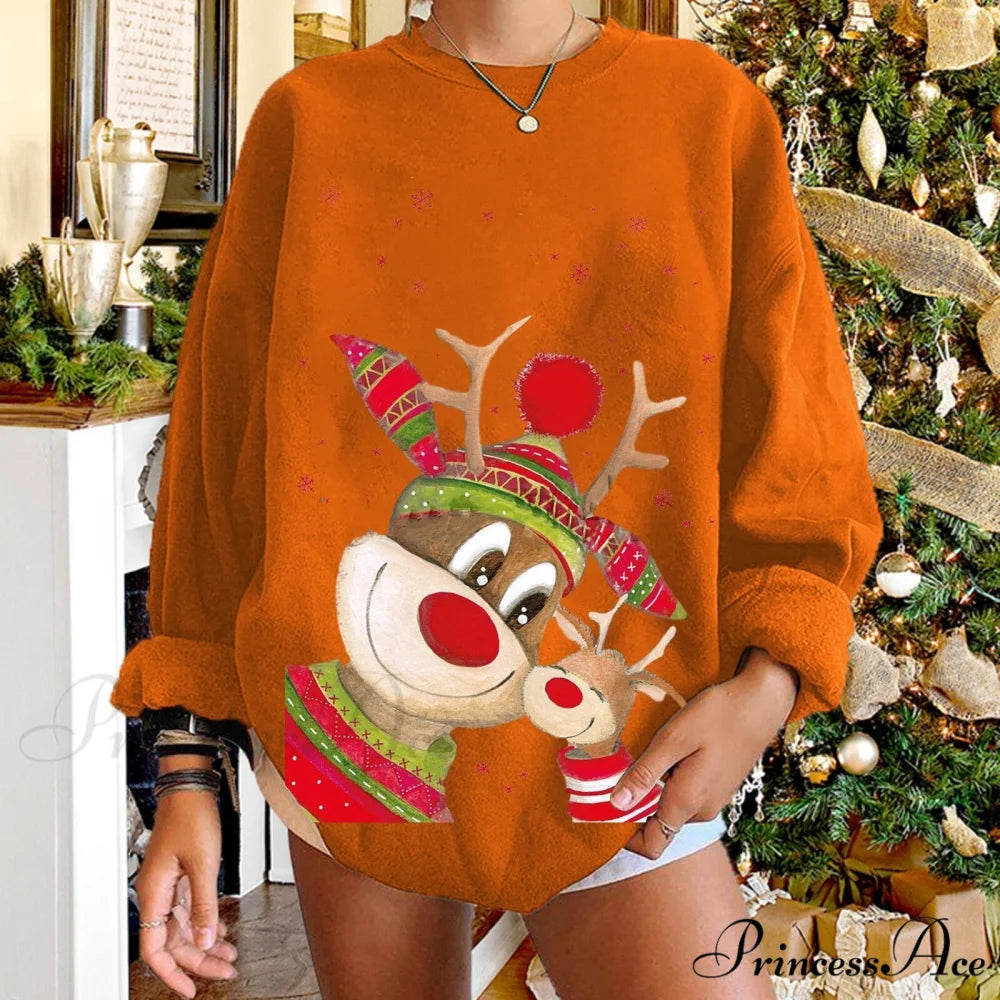 Christmas Women Elk Print Sweaters Orange / S