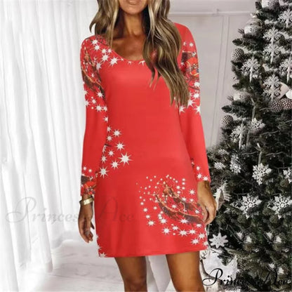 Christmas Women Long Sleeve Print Casual Mini Party Dress 8151-1 Red / XL