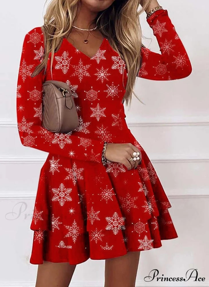 Christmas Women Long Sleeve V-neck Snowflake Print Party Dress