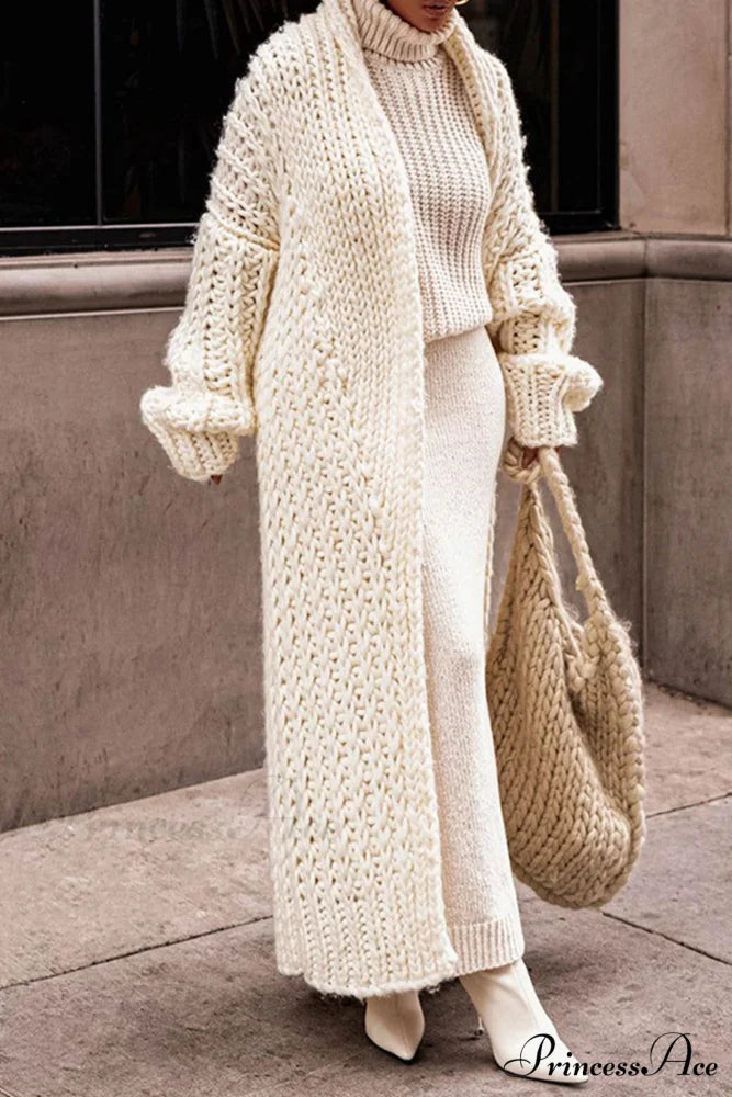 Chunky Knit Cardigan with Openwork Design Beige / S