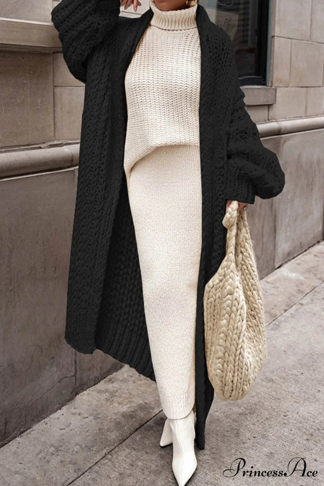 Chunky Knit Cardigan with Openwork Design Black / S