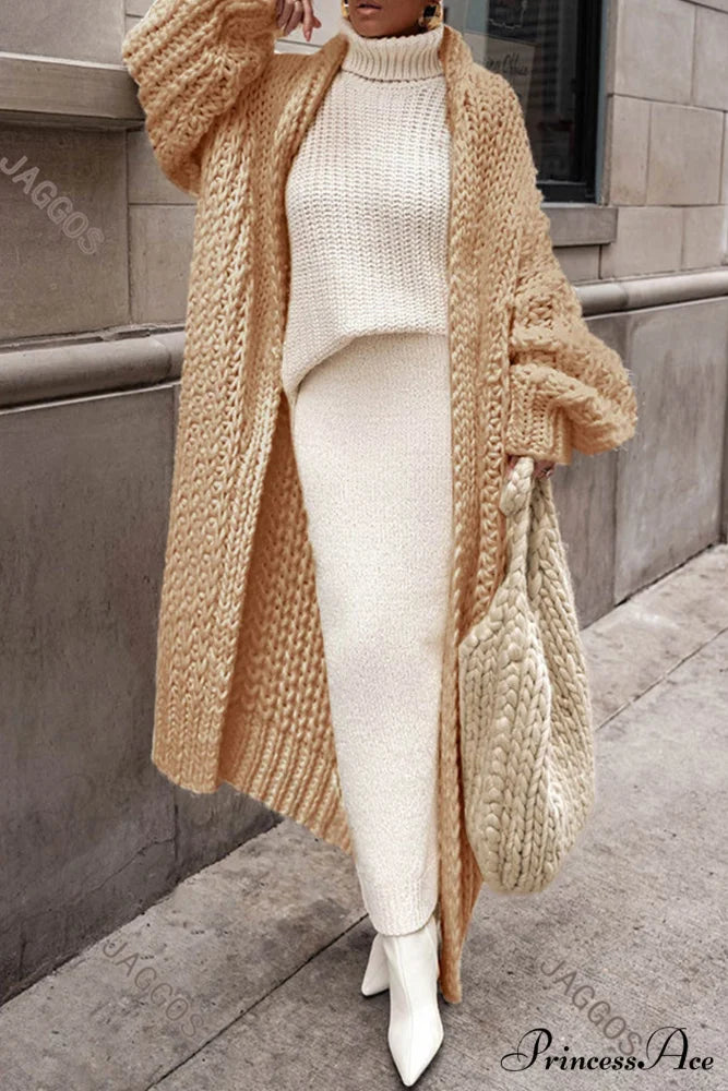 Chunky Knit Cardigan with Openwork Design Khaki / S