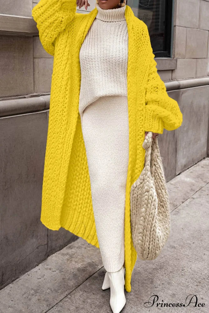 Chunky Knit Cardigan with Openwork Design Yellow / S