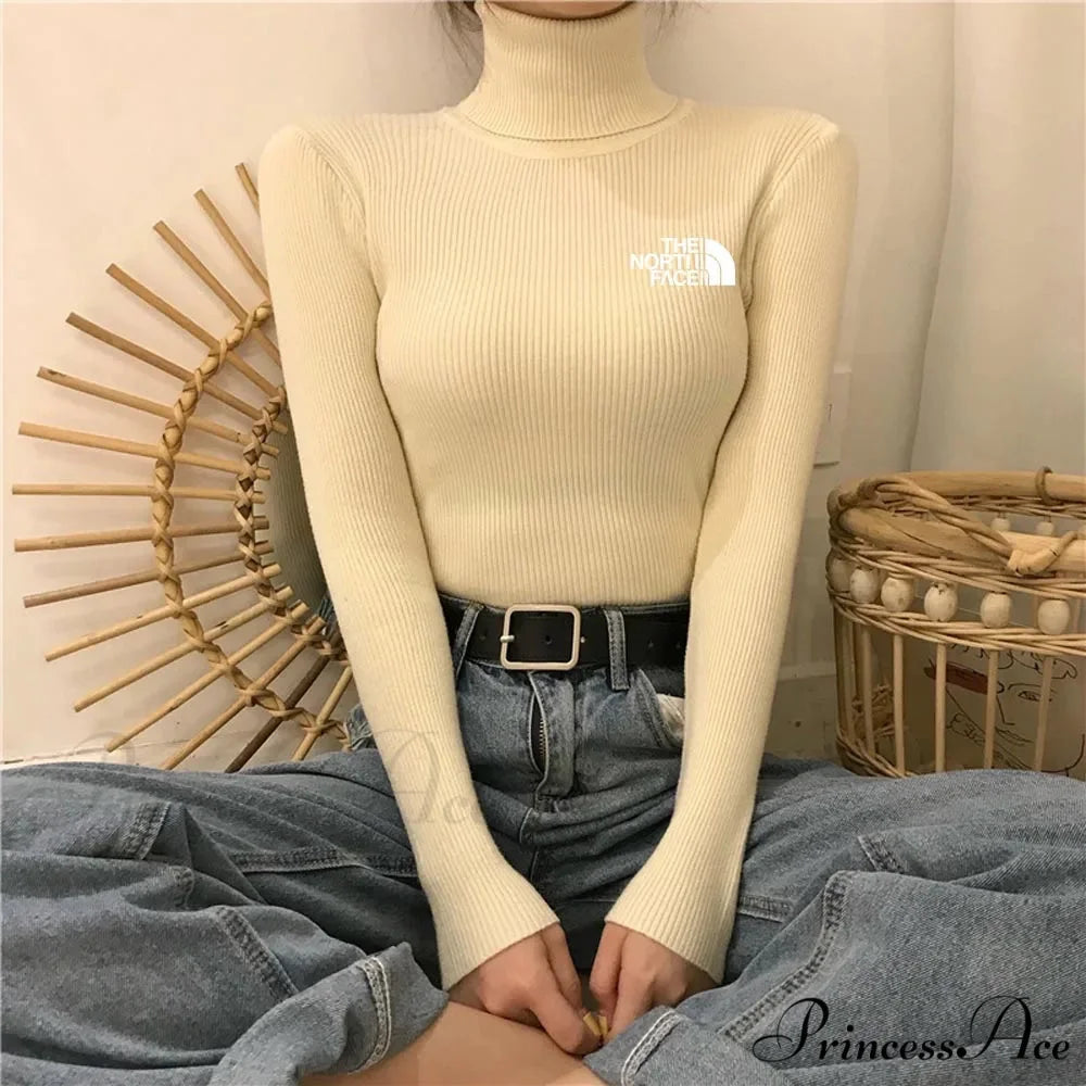 Chunky Ribbed Jumper Cotton Turtleneck Knit Pullover Top apricot white / One Size knittop-250126