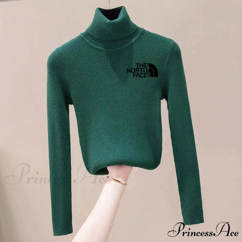 Chunky Ribbed Jumper Cotton Turtleneck Knit Pullover Top Dark green black / One Size knittop-250126