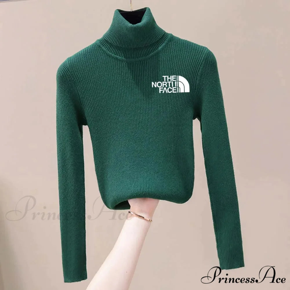 Chunky Ribbed Jumper Cotton Turtleneck Knit Pullover Top Dark green white / One Size knittop-250126