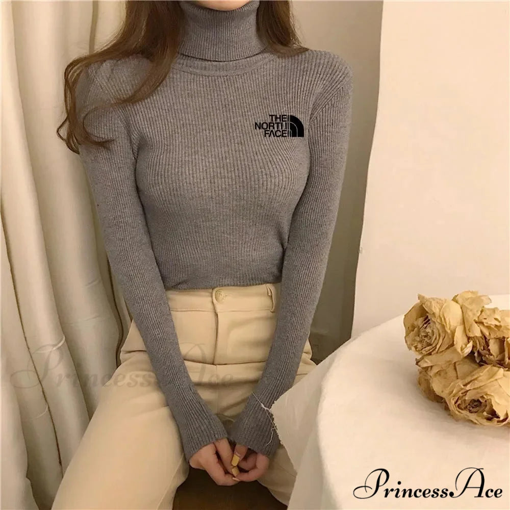 Chunky Ribbed Jumper Cotton Turtleneck Knit Pullover Top grey black / One Size knittop-250126