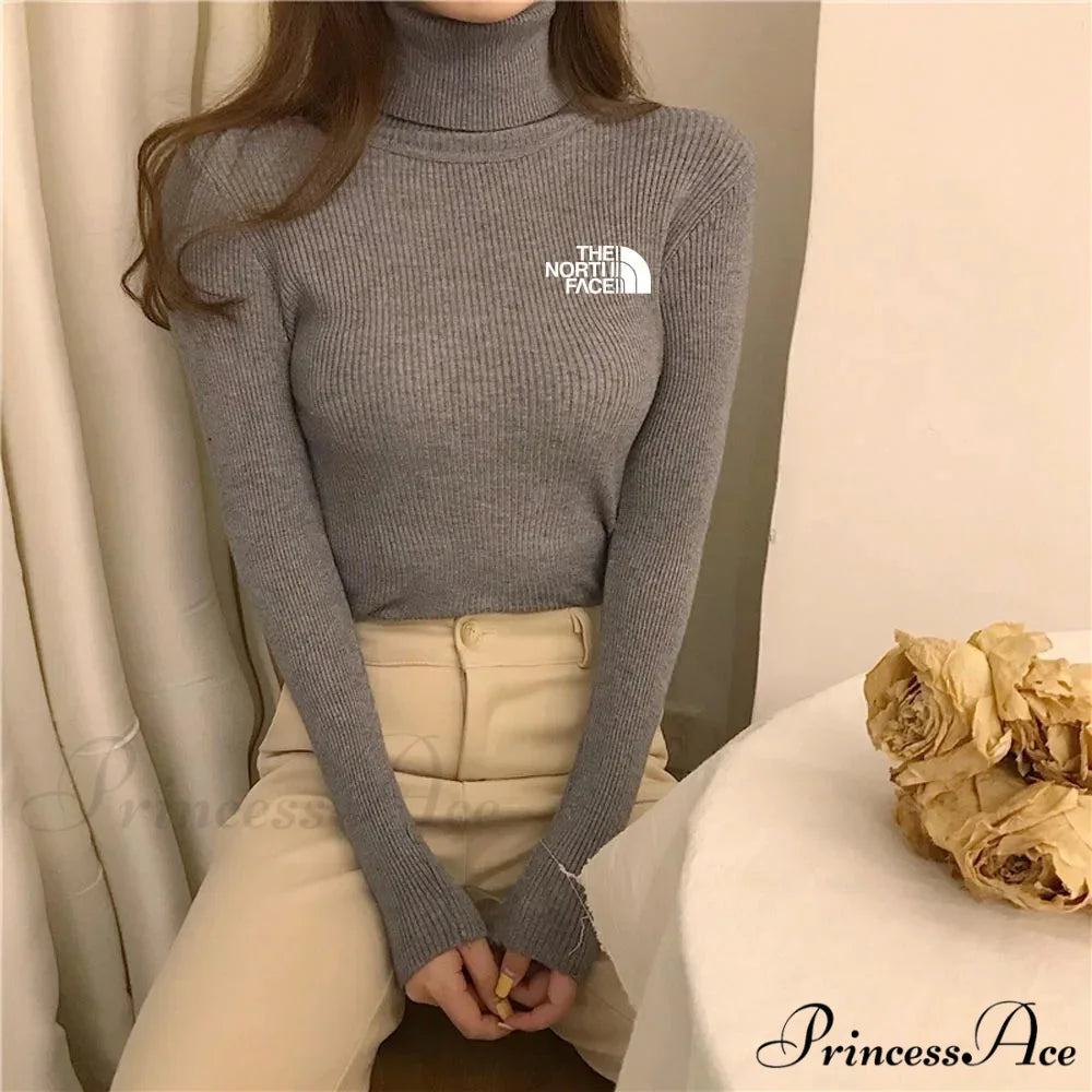 Chunky Ribbed Jumper Cotton Turtleneck Knit Pullover Top grey white / One Size knittop-250126