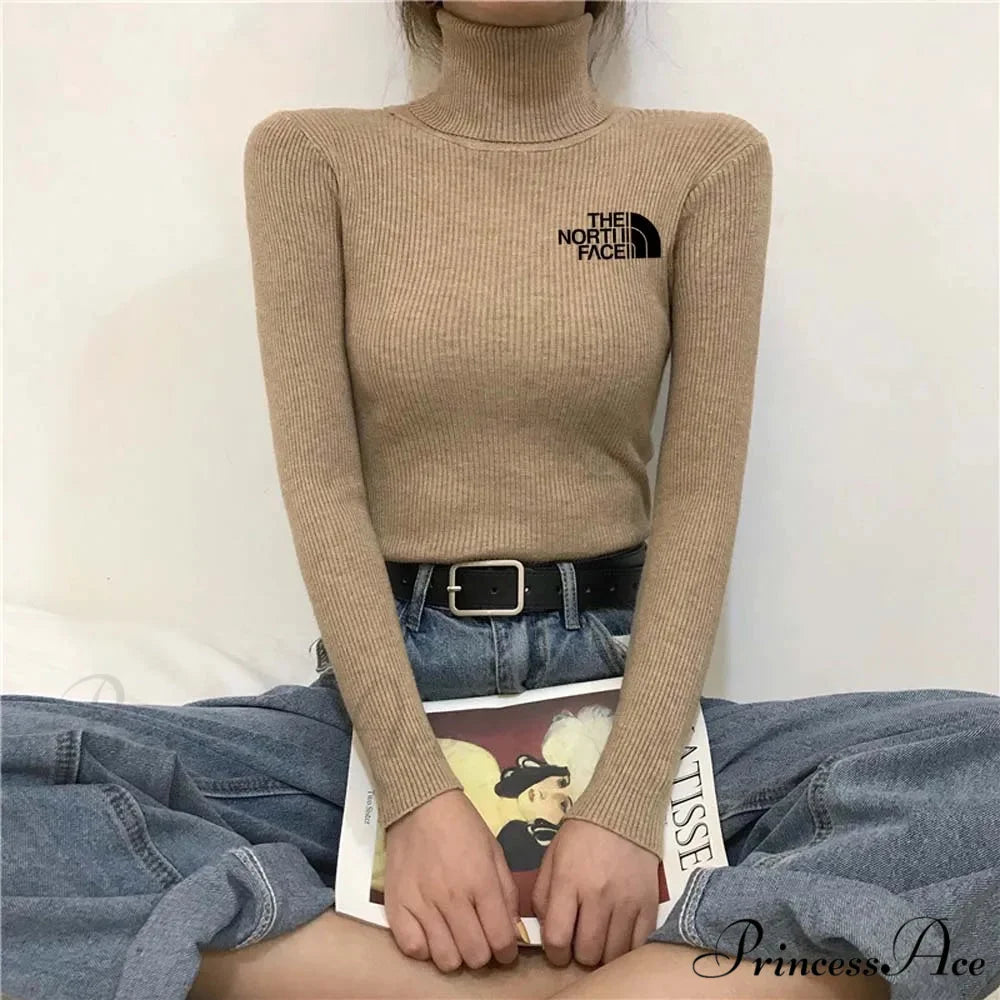 Chunky Ribbed Jumper Cotton Turtleneck Knit Pullover Top khaki black / One Size knittop-250126