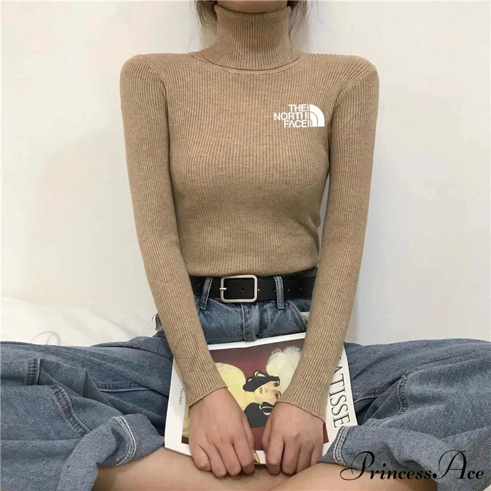 Chunky Ribbed Jumper Cotton Turtleneck Knit Pullover Top khaki white / One Size knittop-250126