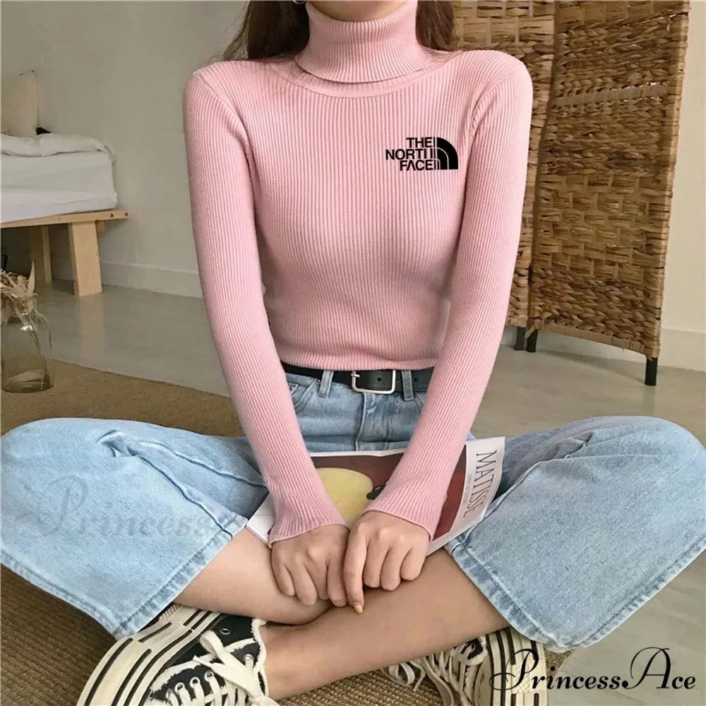 Chunky Ribbed Jumper Cotton Turtleneck Knit Pullover Top pink black / One Size knittop-250126