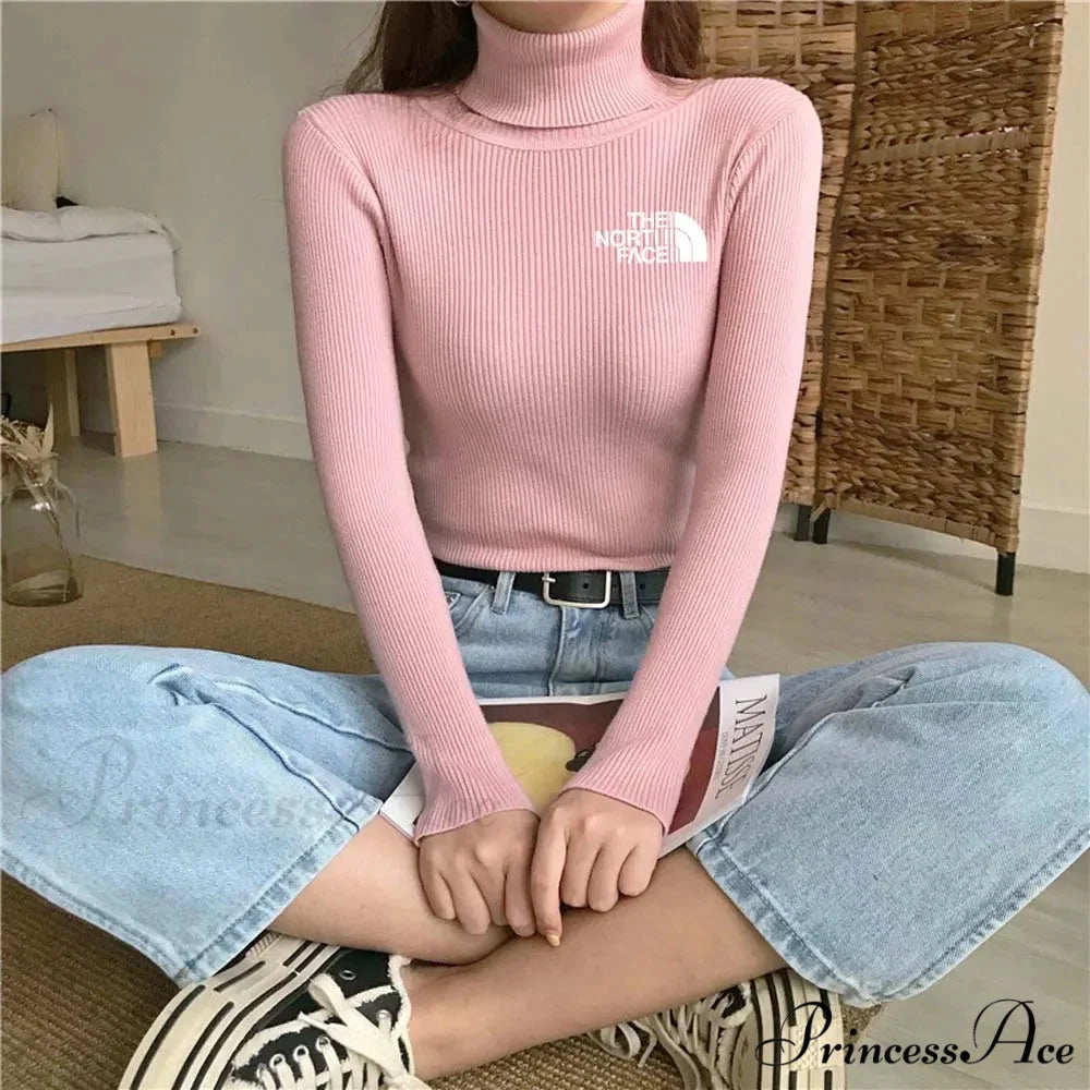 Chunky Ribbed Jumper Cotton Turtleneck Knit Pullover Top pink white / One Size knittop-250126