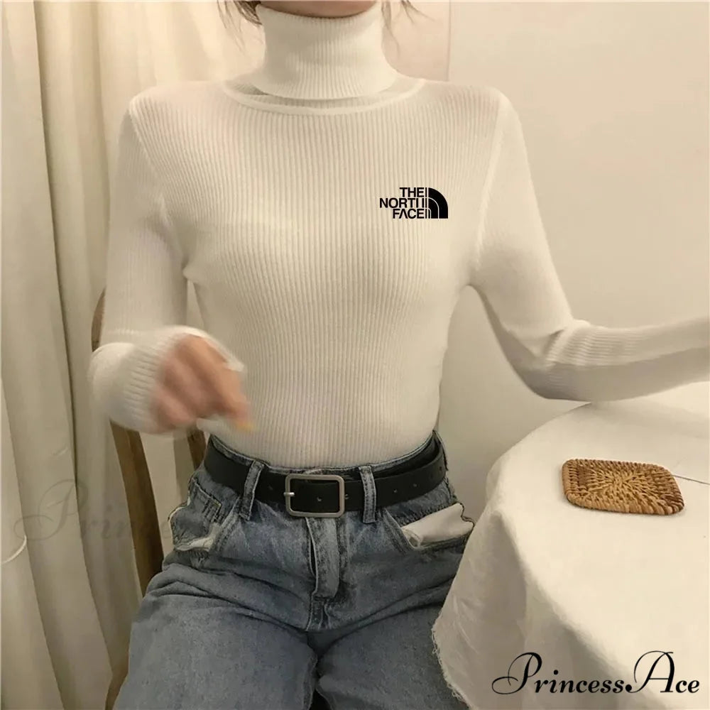 Chunky Ribbed Jumper Cotton Turtleneck Knit Pullover Top White / One Size knittop-250126