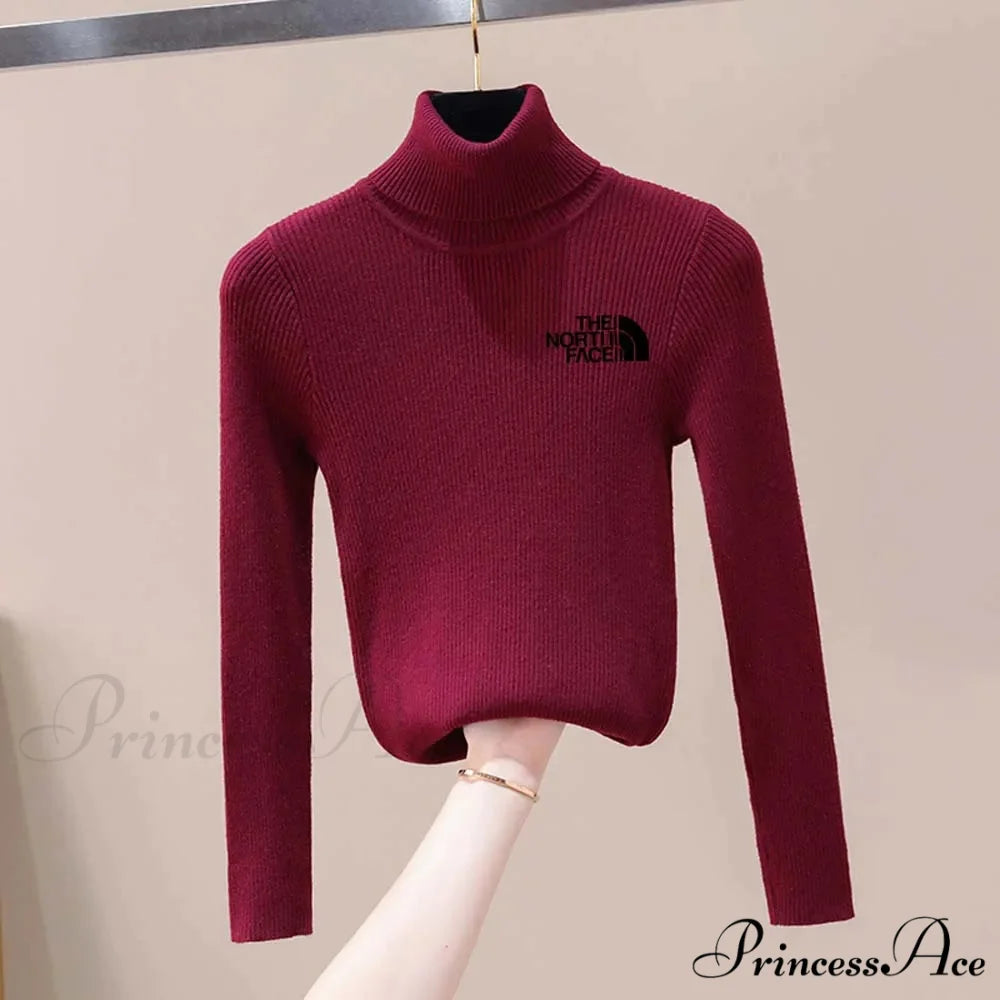 Chunky Ribbed Jumper Cotton Turtleneck Knit Pullover Top Wine red black / One Size knittop-250126