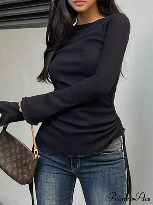 Cinch Folds Solid Trim O-Neck Long Sleeve Knit Top Black / S knittop-250126