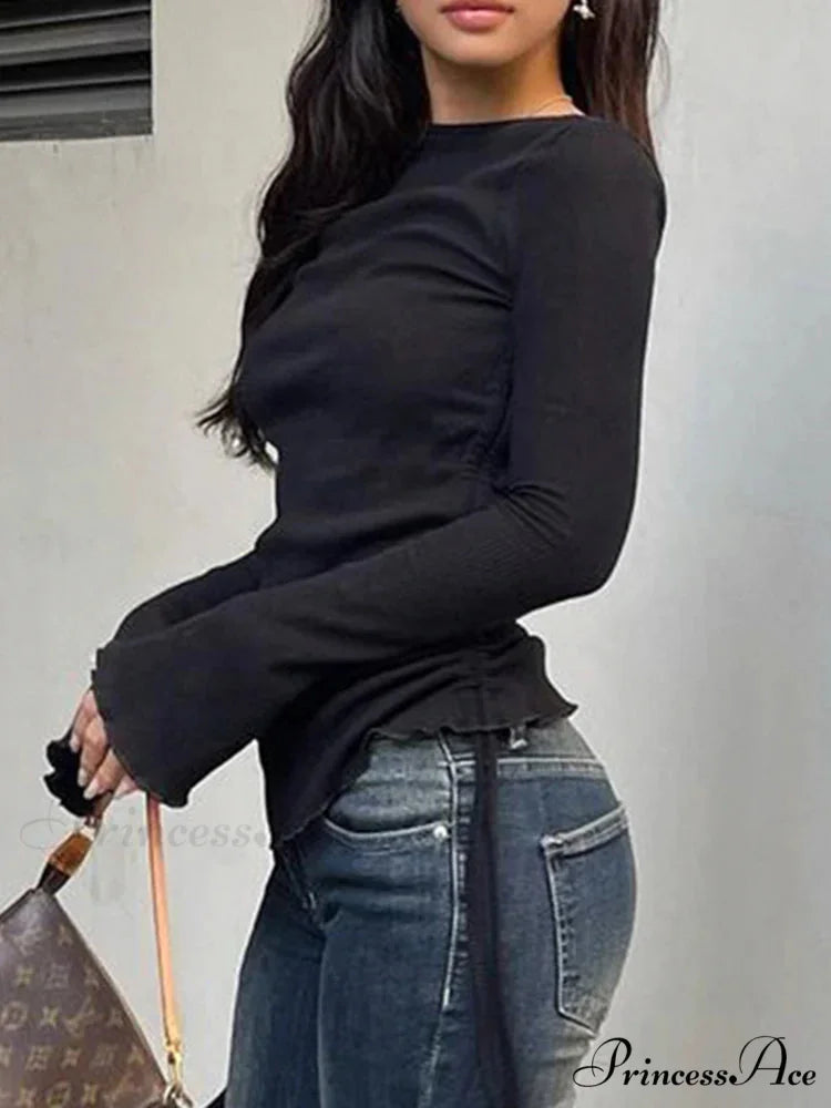 Cinch Folds Solid Trim O-Neck Long Sleeve Knit Top knittop-250126