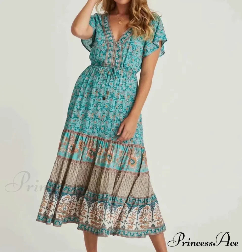 Cinch Waist Midi Dress Retro Floral Cotton Informal Summer Dress Green / S bohodress-250126