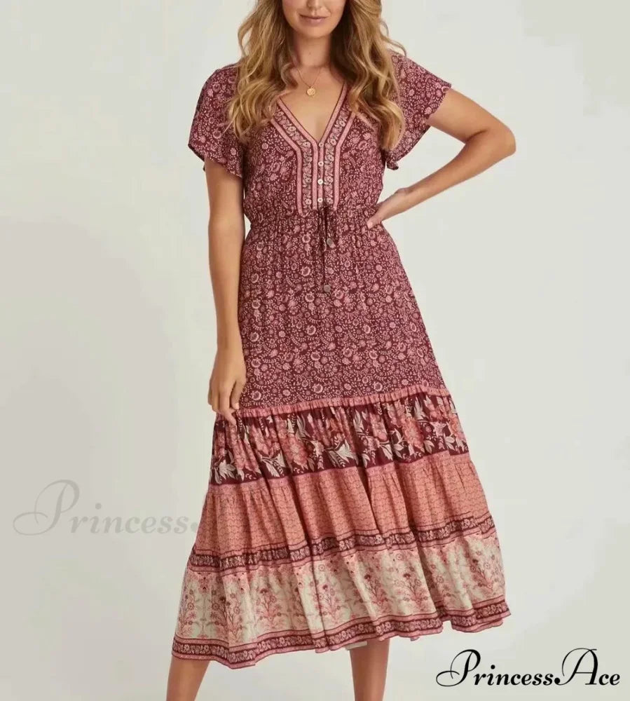 Cinch Waist Midi Dress Retro Floral Cotton Informal Summer Dress Red / S bohodress-250126