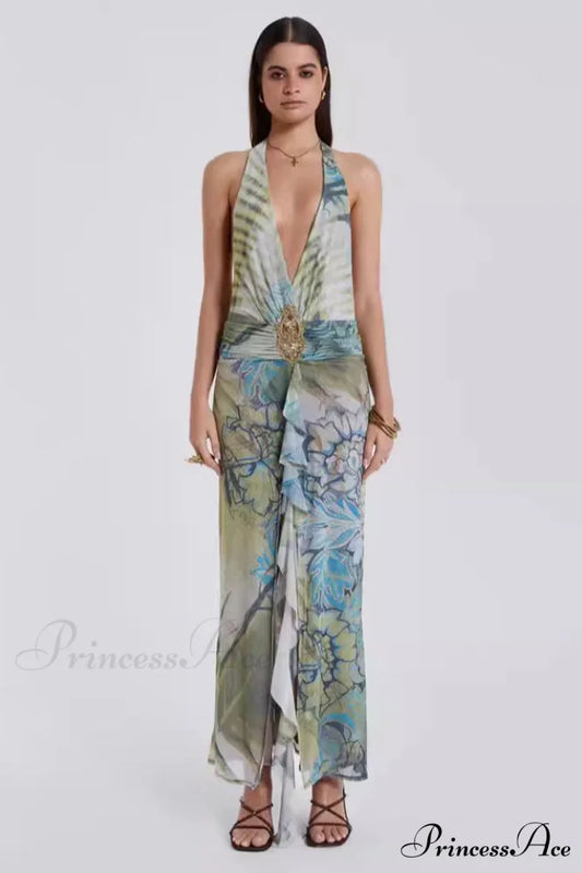 Cindy Plunge Stylish Maxi Dress S / Green Print