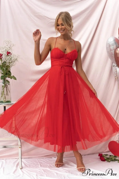 Cindy Tulle Stylish Midi Dress S / Red