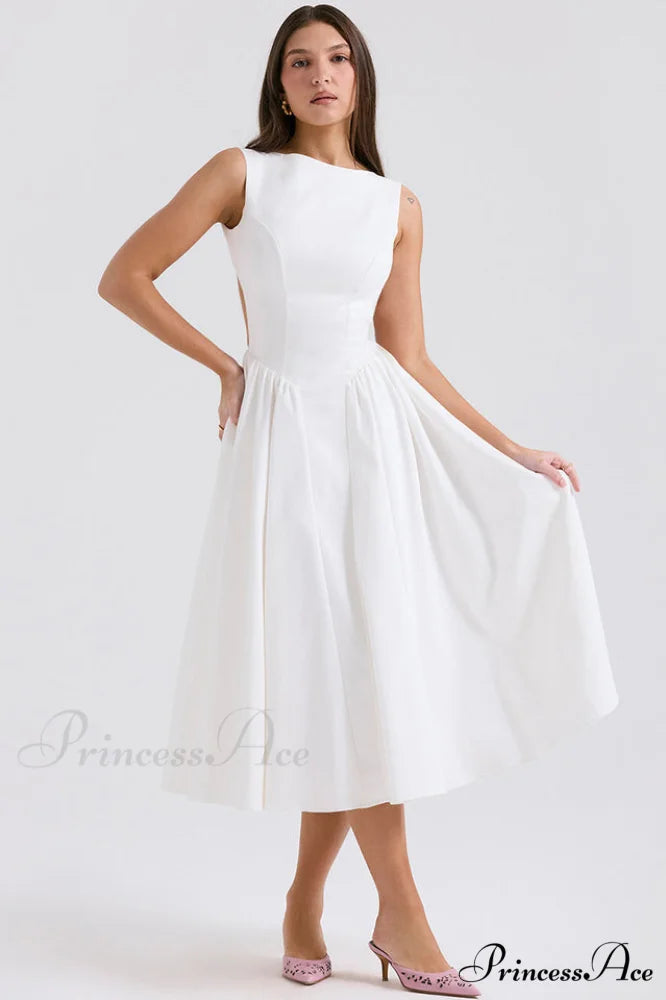 Cindy White Stylish Twill Midi Sundress