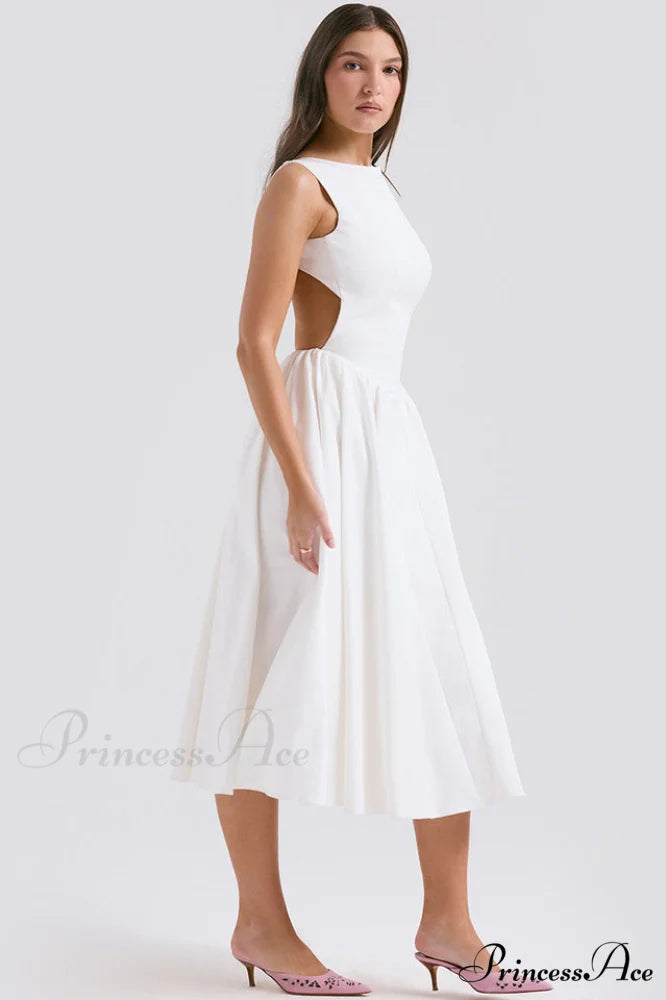 Cindy White Stylish Twill Midi Sundress