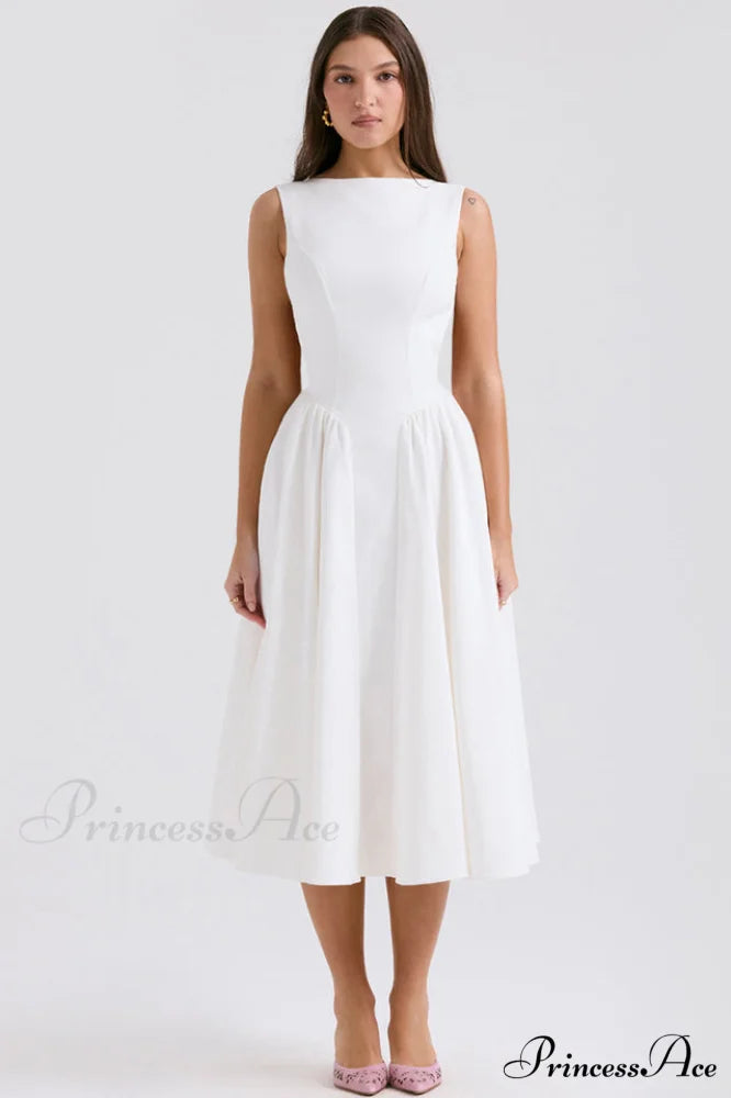Cindy White Stylish Twill Midi Sundress