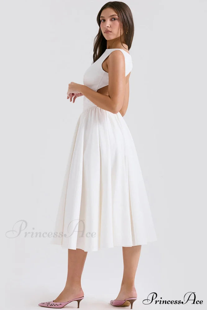 Cindy White Stylish Twill Midi Sundress