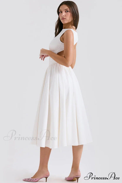 Cindy White Stylish Twill Midi Sundress