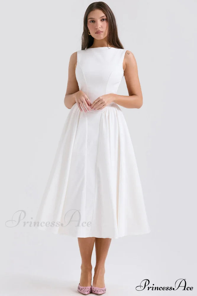 Cindy White Stylish Twill Midi Sundress XS / White