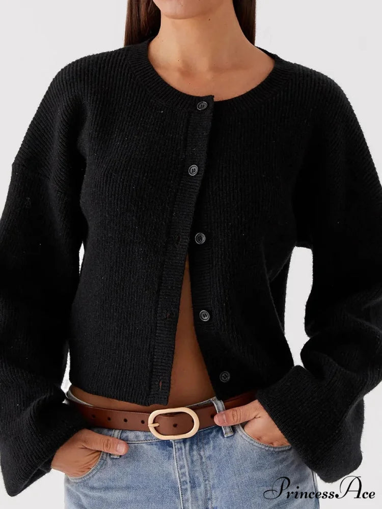 Circular Neck Button-Up Extended Sleeve Cardigan black / S cardigans-241228