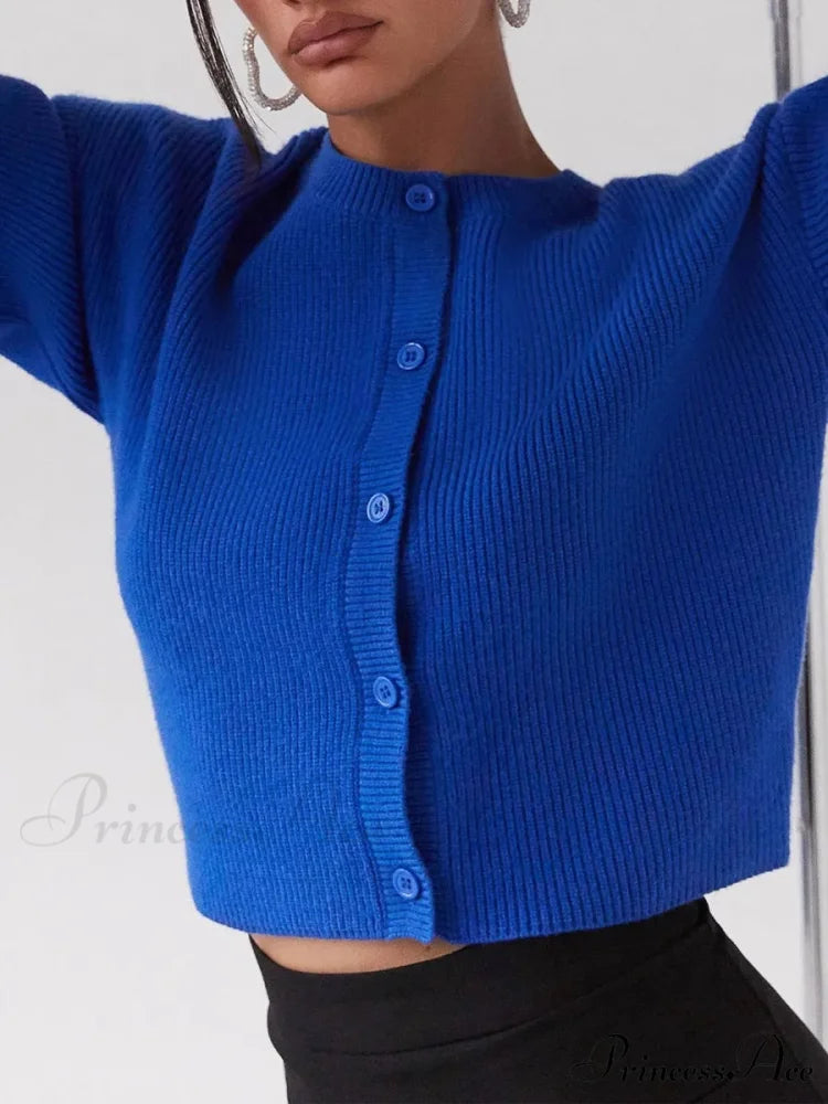 Circular Neck Button-Up Extended Sleeve Cardigan blue / S cardigans-241228