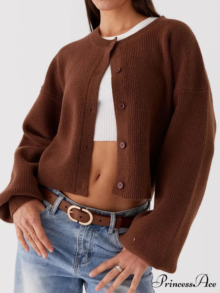 Circular Neck Button-Up Extended Sleeve Cardigan brown / S cardigans-241228