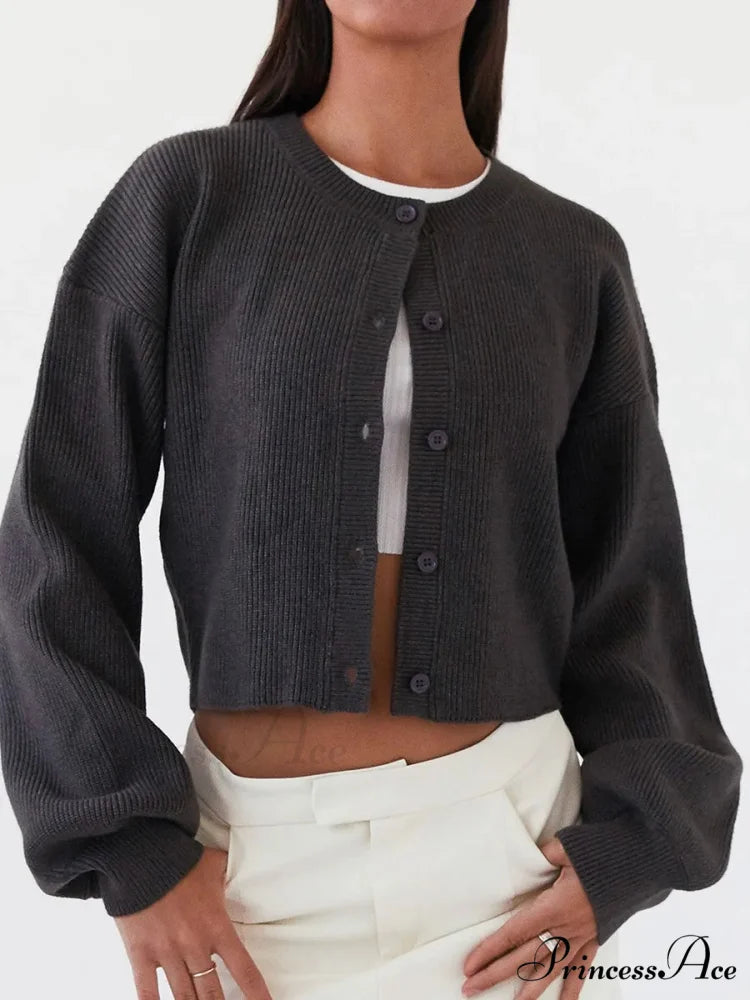 Circular Neck Button-Up Extended Sleeve Cardigan dark grey / S cardigans-241228